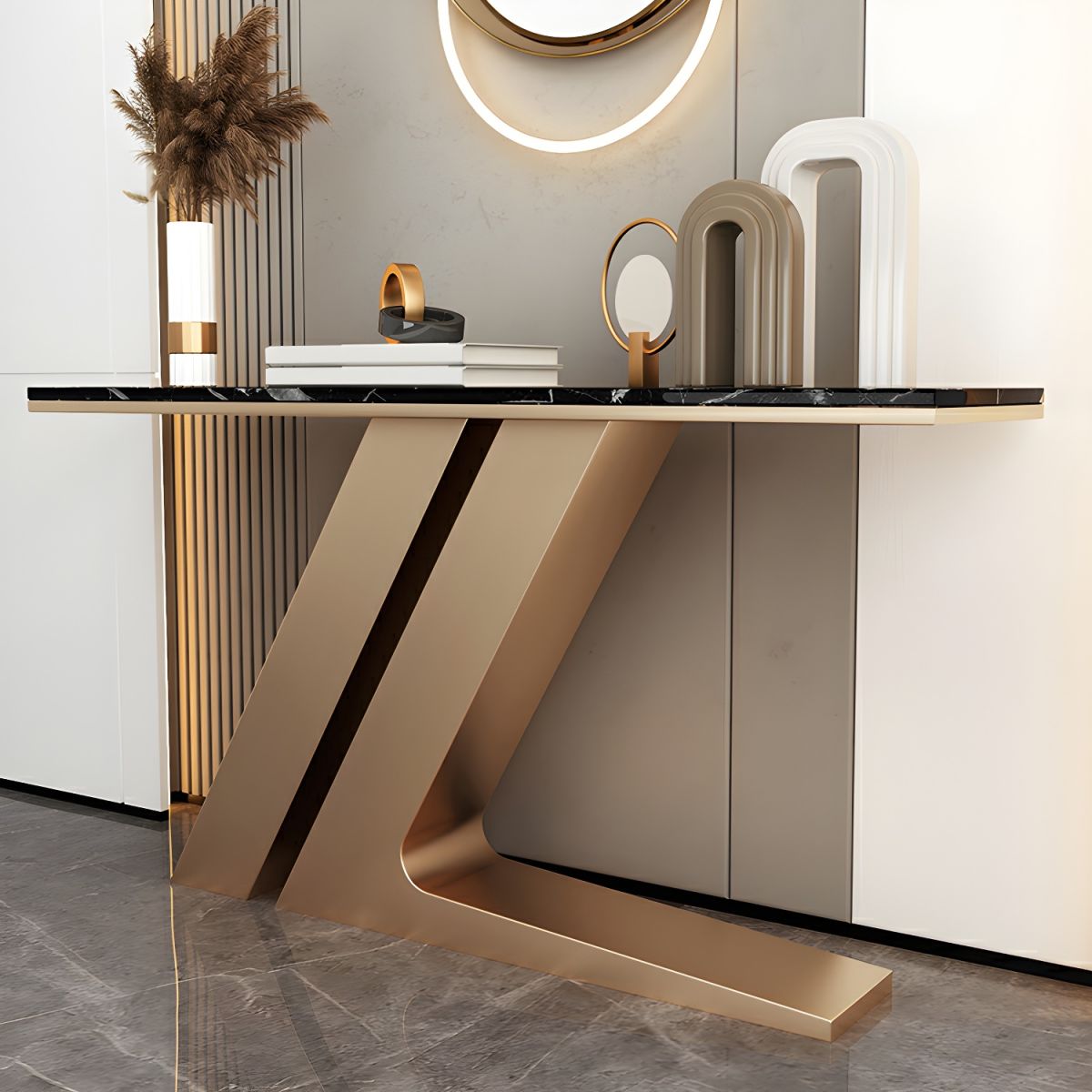 Narrow Foyer Marble Console Table with Angled Gold Stand