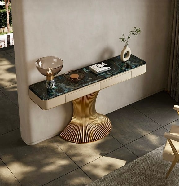 Long Console Table with Drawers and Gold Pedestal