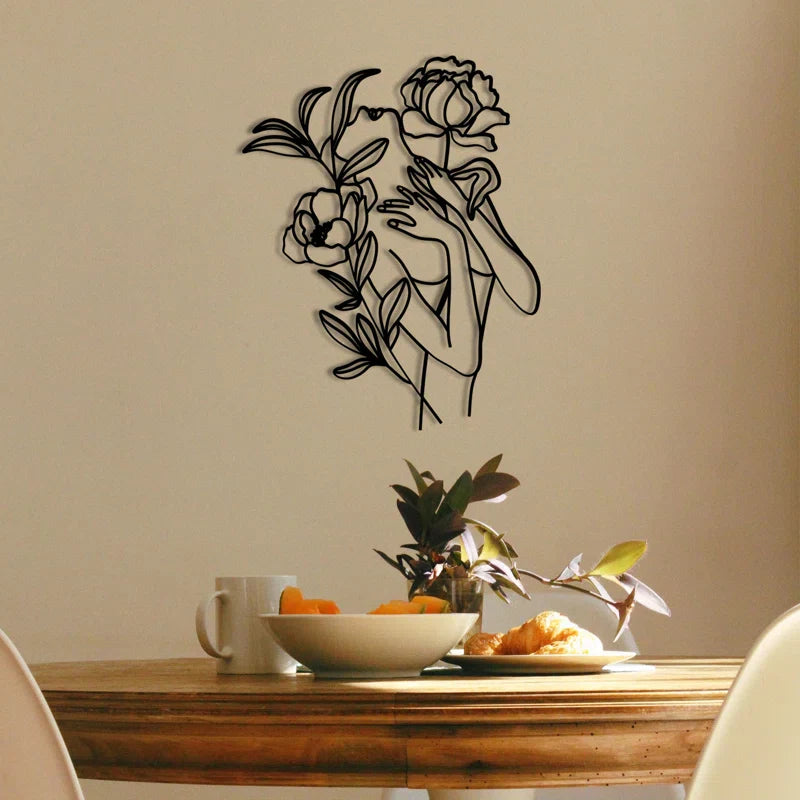 Woman With Flowers Silhouette Line Metal Art Wall Decor