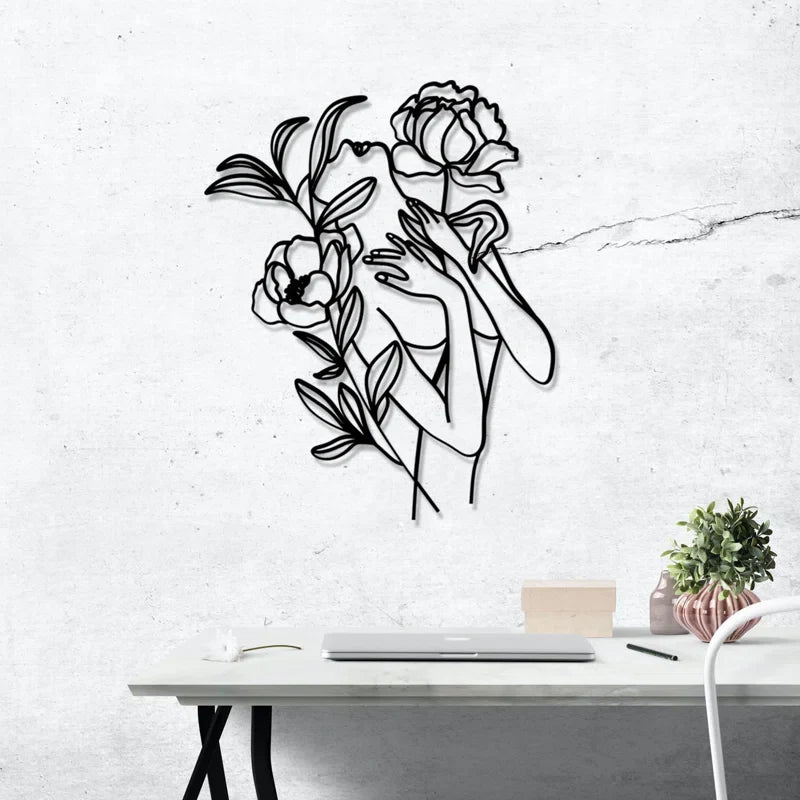 Woman With Flowers Silhouette Line Metal Art Wall Decor
