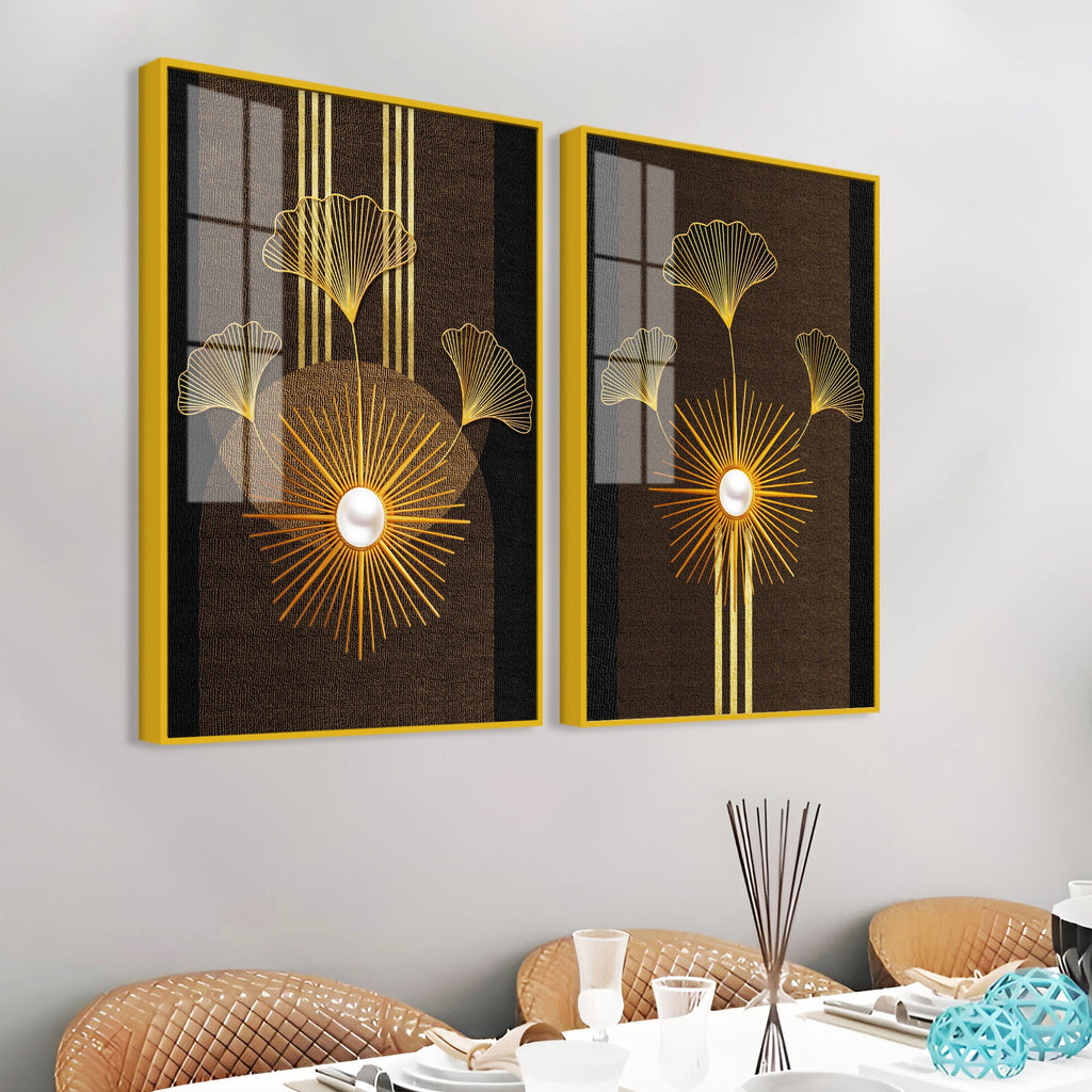 Abstract Golden Ginkgo Leaf Acrylic Art Floating Wall Painting Set of 2