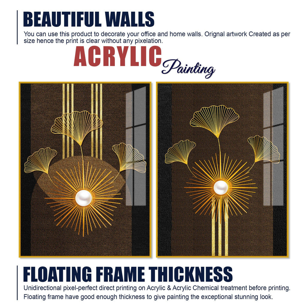 Abstract Golden Ginkgo Leaf Acrylic Art Floating Wall Painting Set of 2