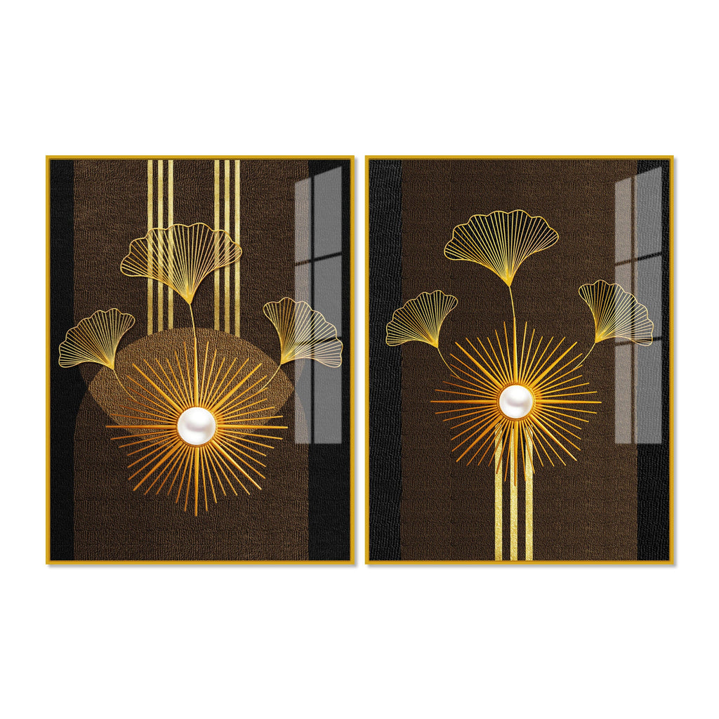 Abstract Golden Ginkgo Leaf Acrylic Art Floating Wall Painting Set of 2