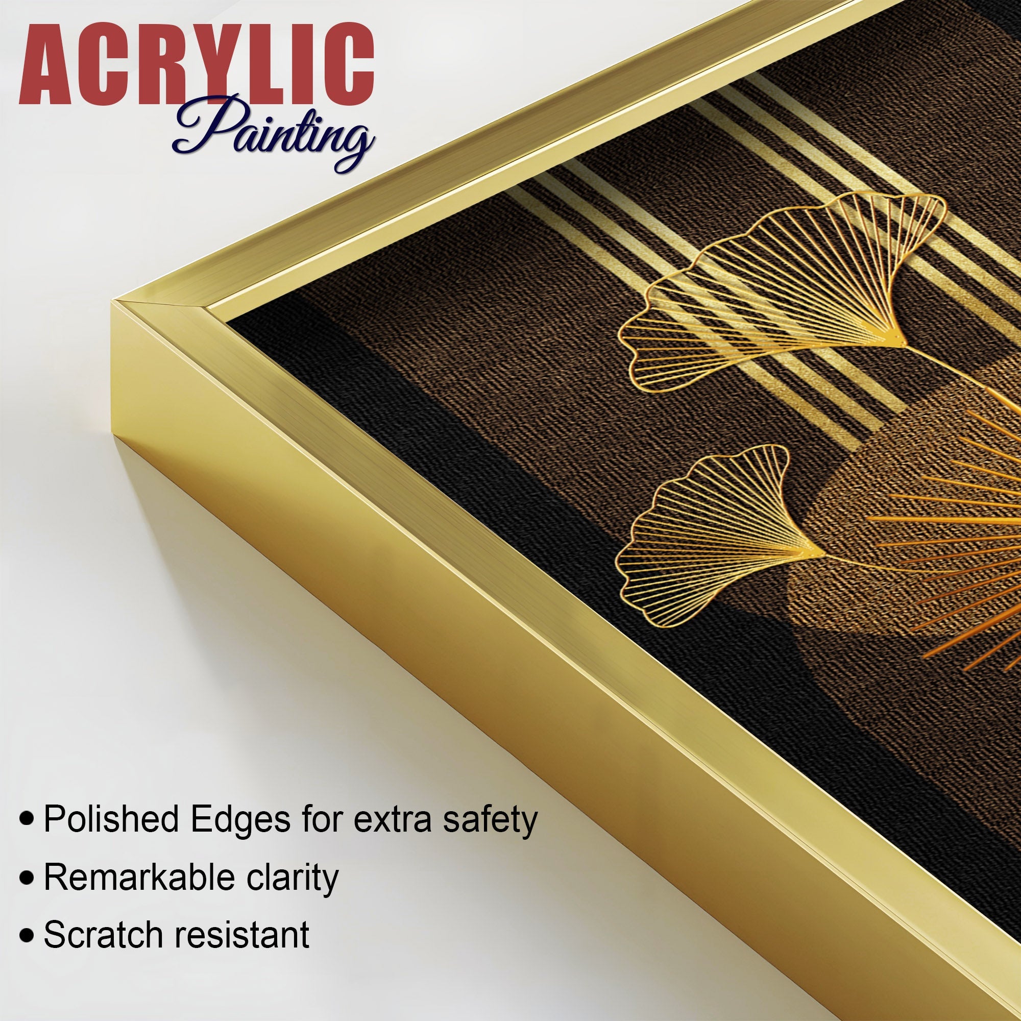 Abstract Golden Ginkgo Leaf Acrylic Art Floating Wall Painting Set of 2