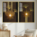 Abstract Golden Ginkgo Leaf Acrylic Art Floating Wall Painting Set of 2