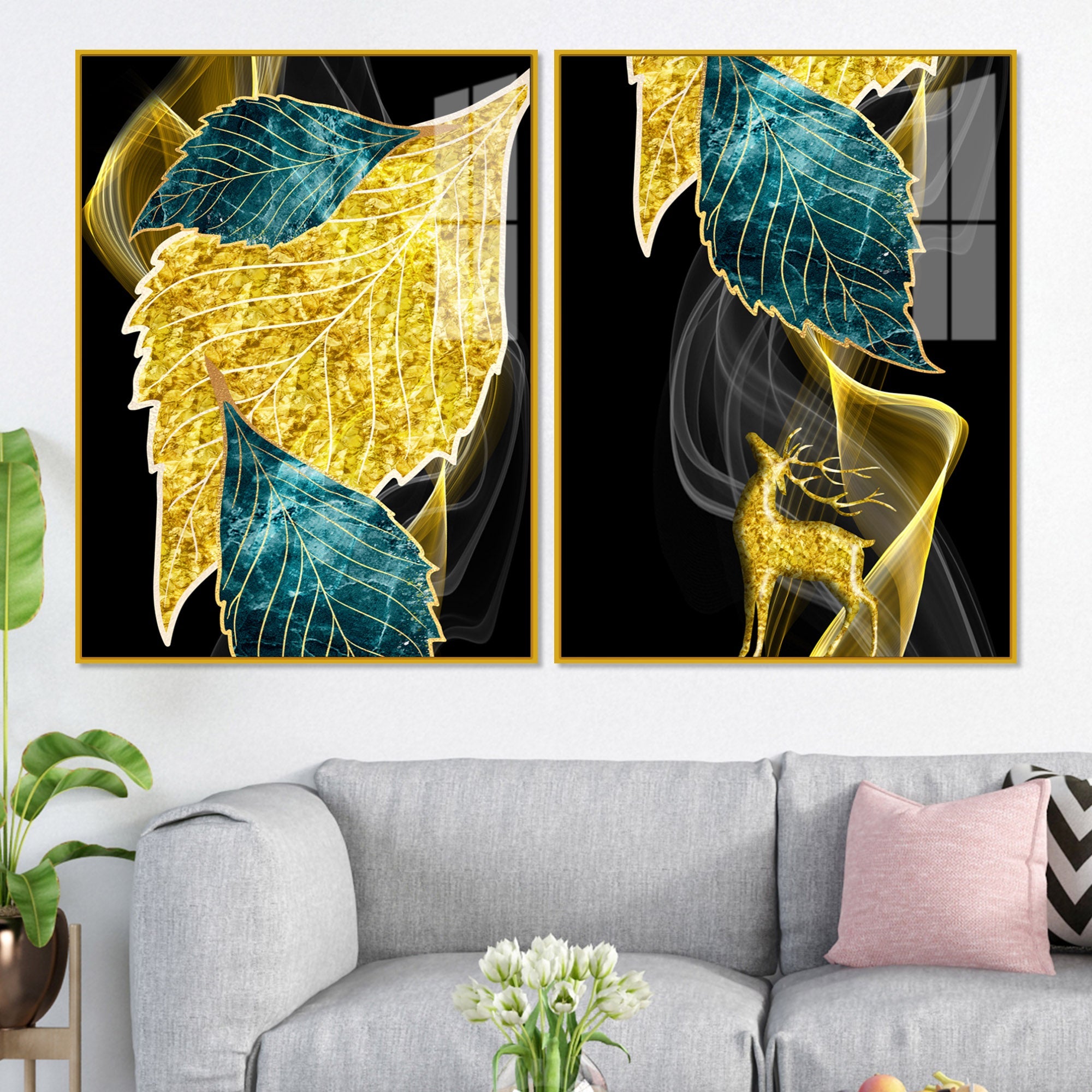 Abstract Golden Leaves Feathers Acrylic Floating Wall Painting Set Of 2