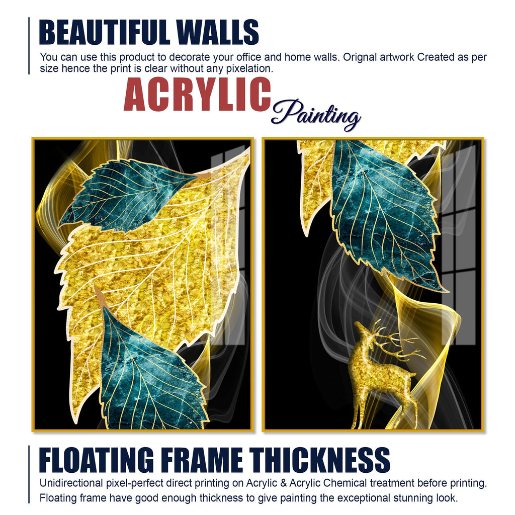 Abstract Golden Leaves Feathers Acrylic Floating Wall Painting Set Of 2