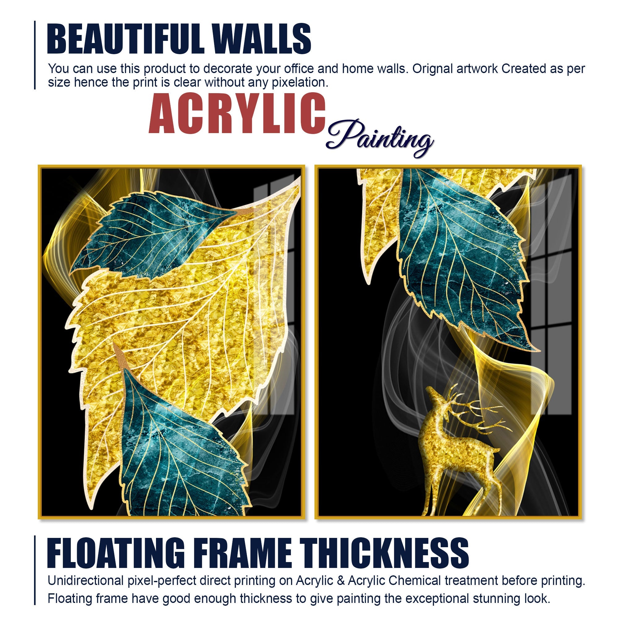 Abstract Golden Leaves Feathers Acrylic Floating Wall Painting Set Of 2