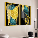 Abstract Golden Leaves Feathers Acrylic Floating Wall Painting Set Of 2