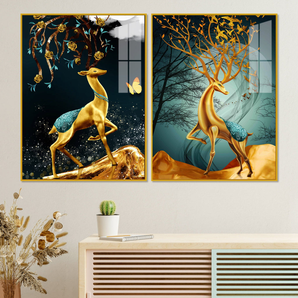 Abstract Luxury Golden Deer Acrylic Art Floating Wall Painting Set Of 2