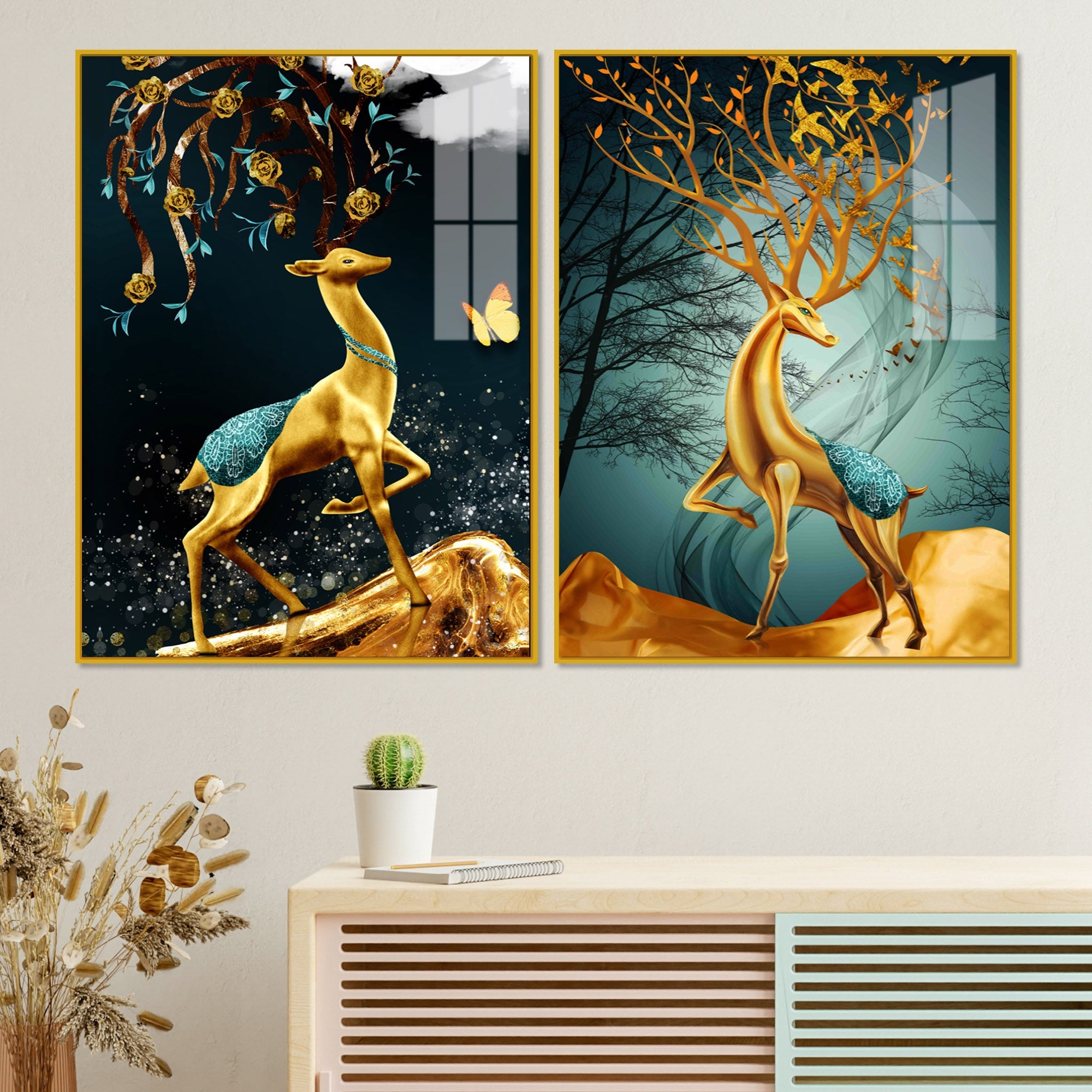 Abstract Luxury Golden Deer Acrylic Art Floating Wall Painting Set Of 2
