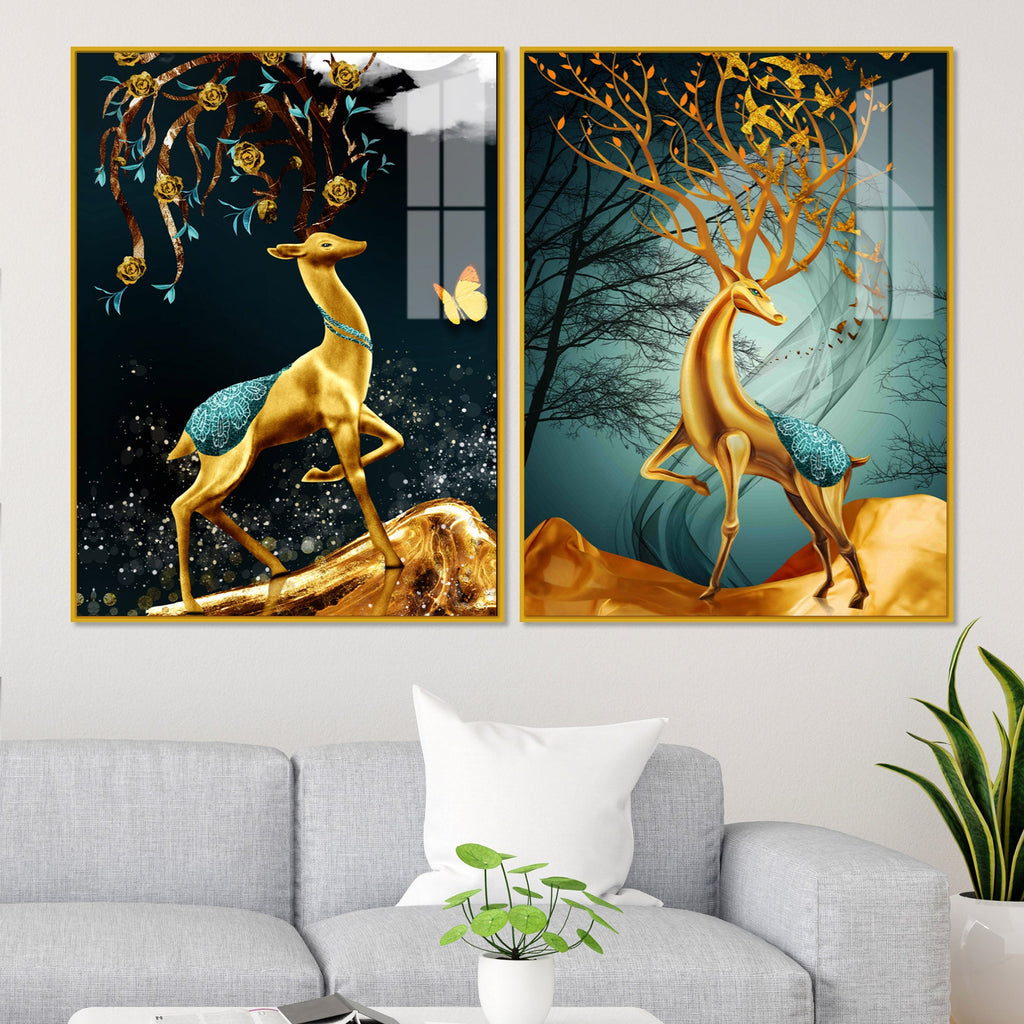Abstract Luxury Golden Deer Acrylic Art Floating Wall Painting Set Of 2
