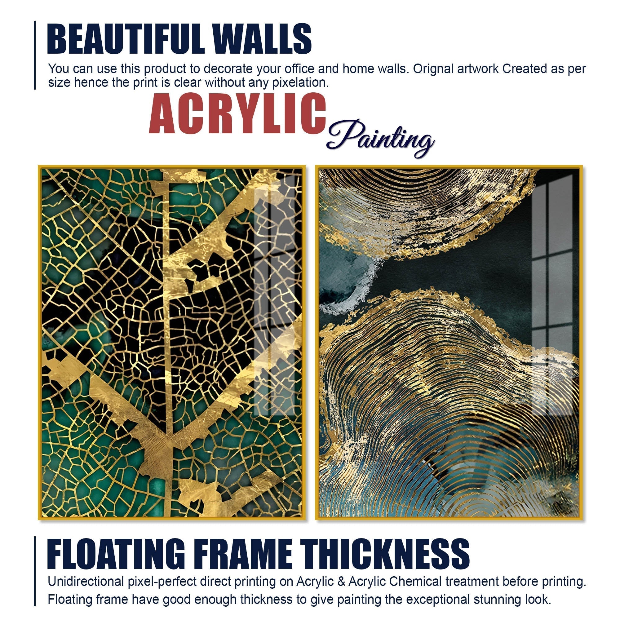 Amazing Golden Pattern Acrylic Floating Wall Painting Set of 2