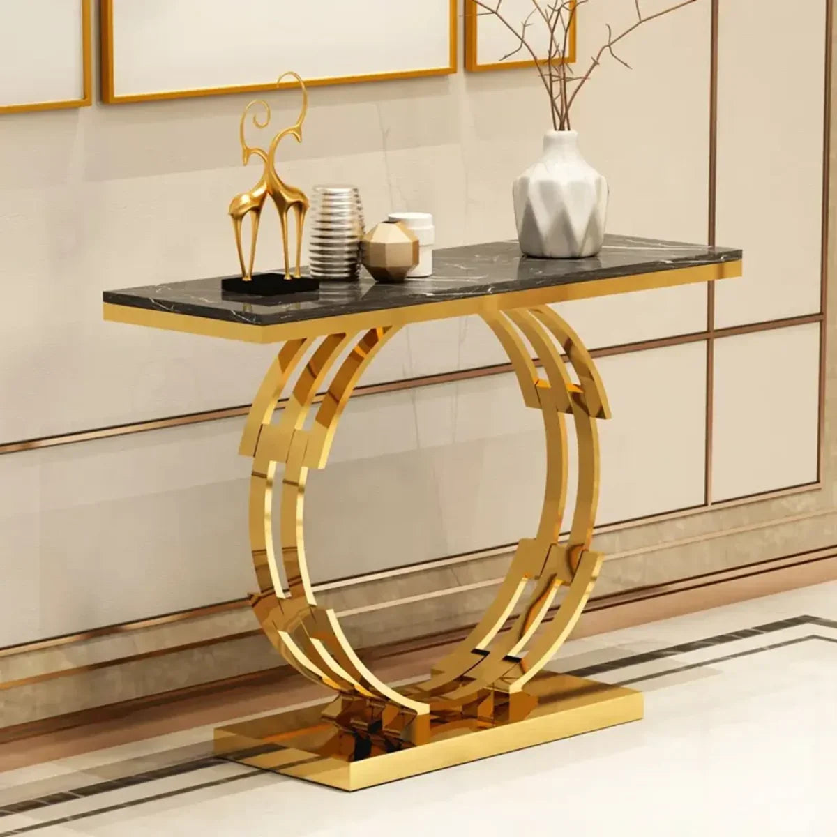 Artistic Golden Ring Metal Base Console Table with Glossy Marble Finish