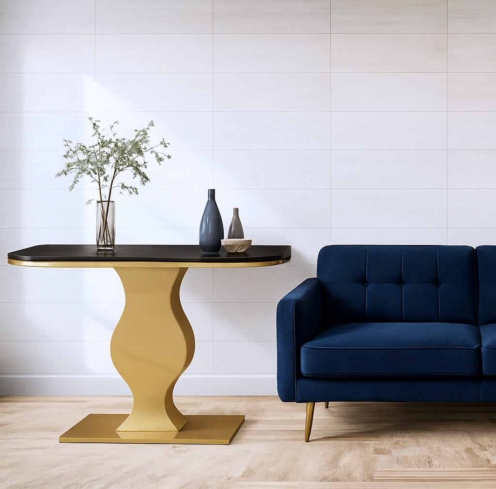 Elegant Curvy Gold Console Table with Sleek Black Marble Top