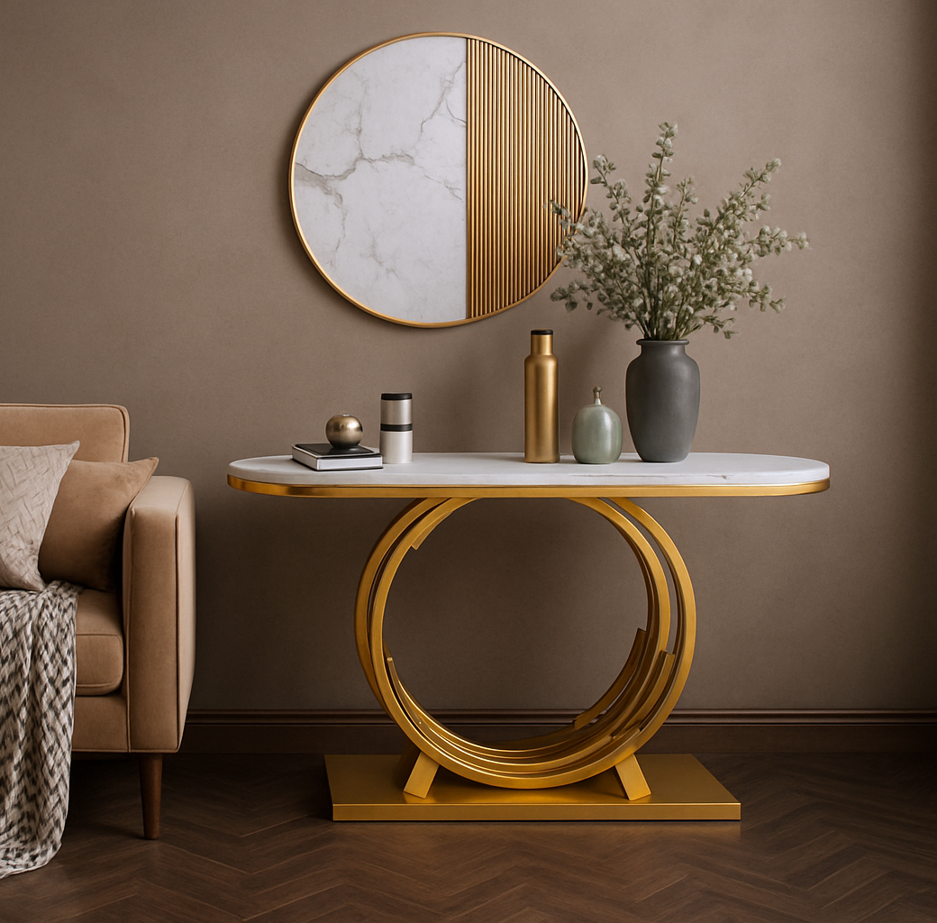 Luxurious Gold Circular Ring Console Table with Sleek White Marble Top