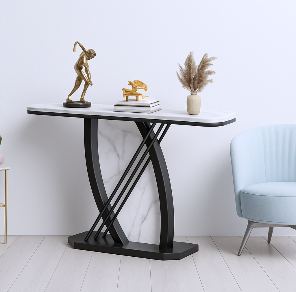 Artistic Black and White Console Table with Dynamic Geometric Support