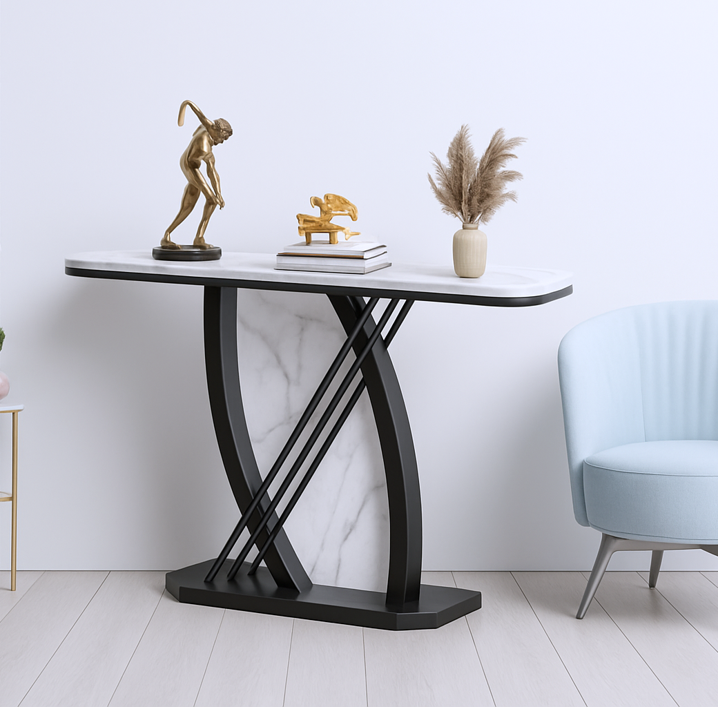 Artistic Black and White Console Table with Dynamic Geometric Support