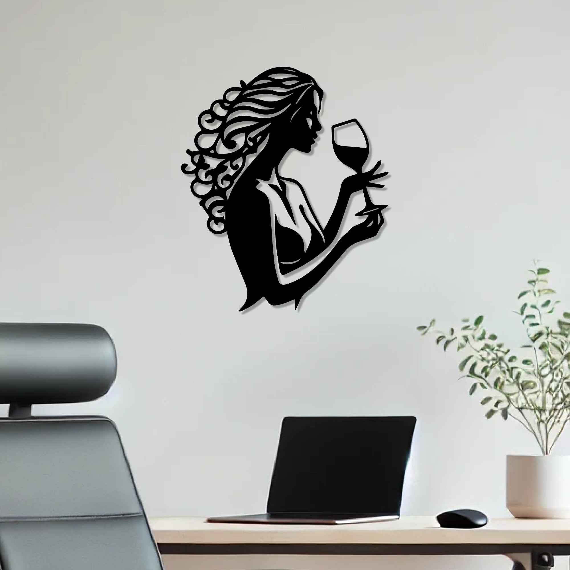 Beautiful Curly Hair Women With Wine Metal Wall Art Decor