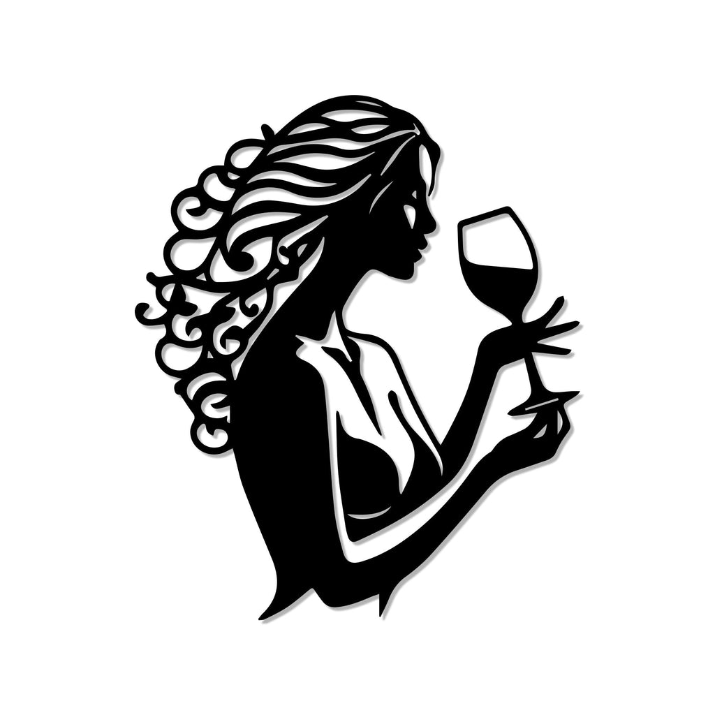 Beautiful Curly Hair Women With Wine Metal Wall Art Decor