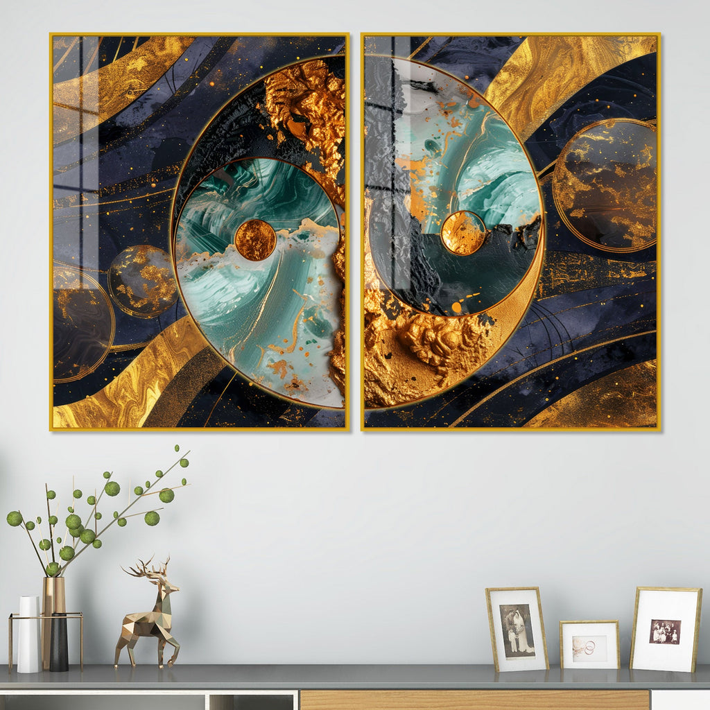 Beautiful Golden Abstract  Acrylic Art Floating Wall Painting Set of 2