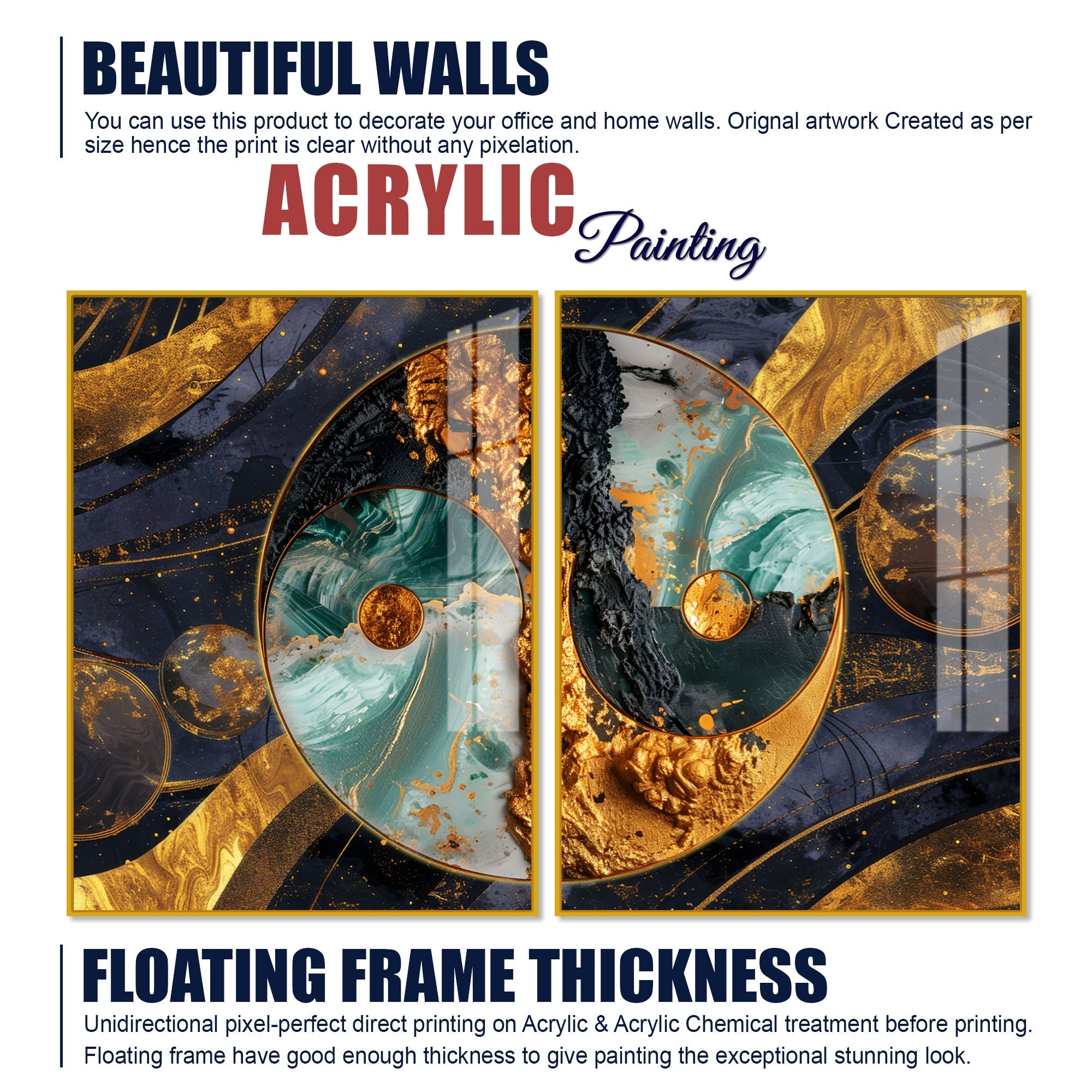 Beautiful Golden Abstract  Acrylic Art Floating Wall Painting Set of 2
