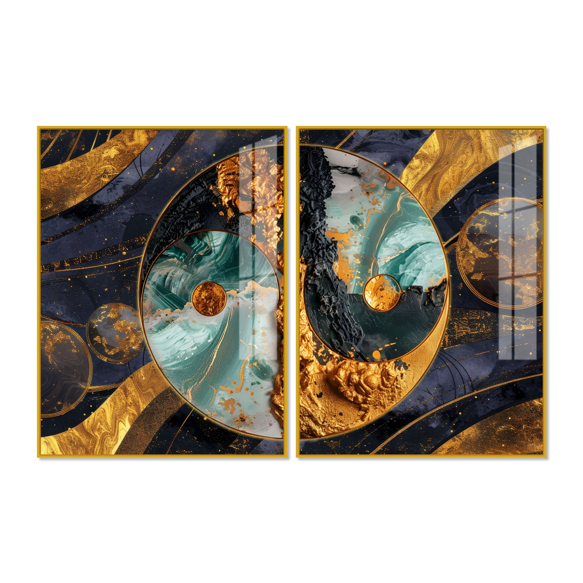 Beautiful Golden Abstract  Acrylic Art Floating Wall Painting Set of 2