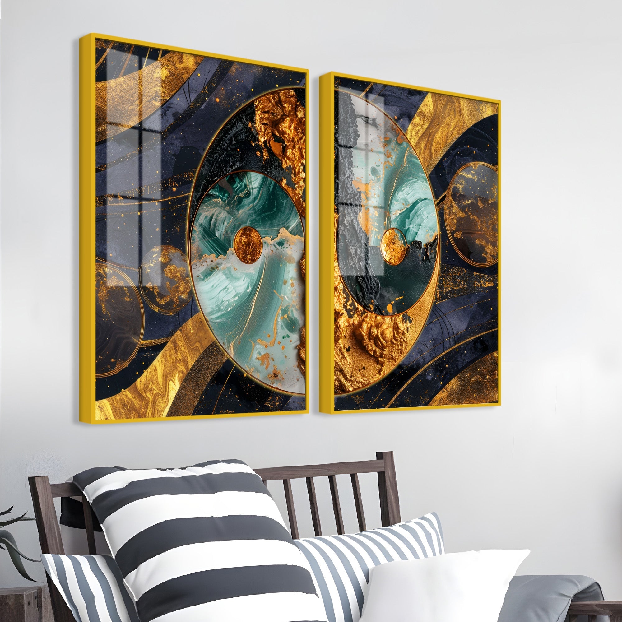 Beautiful Golden Abstract  Acrylic Art Floating Wall Painting Set of 2