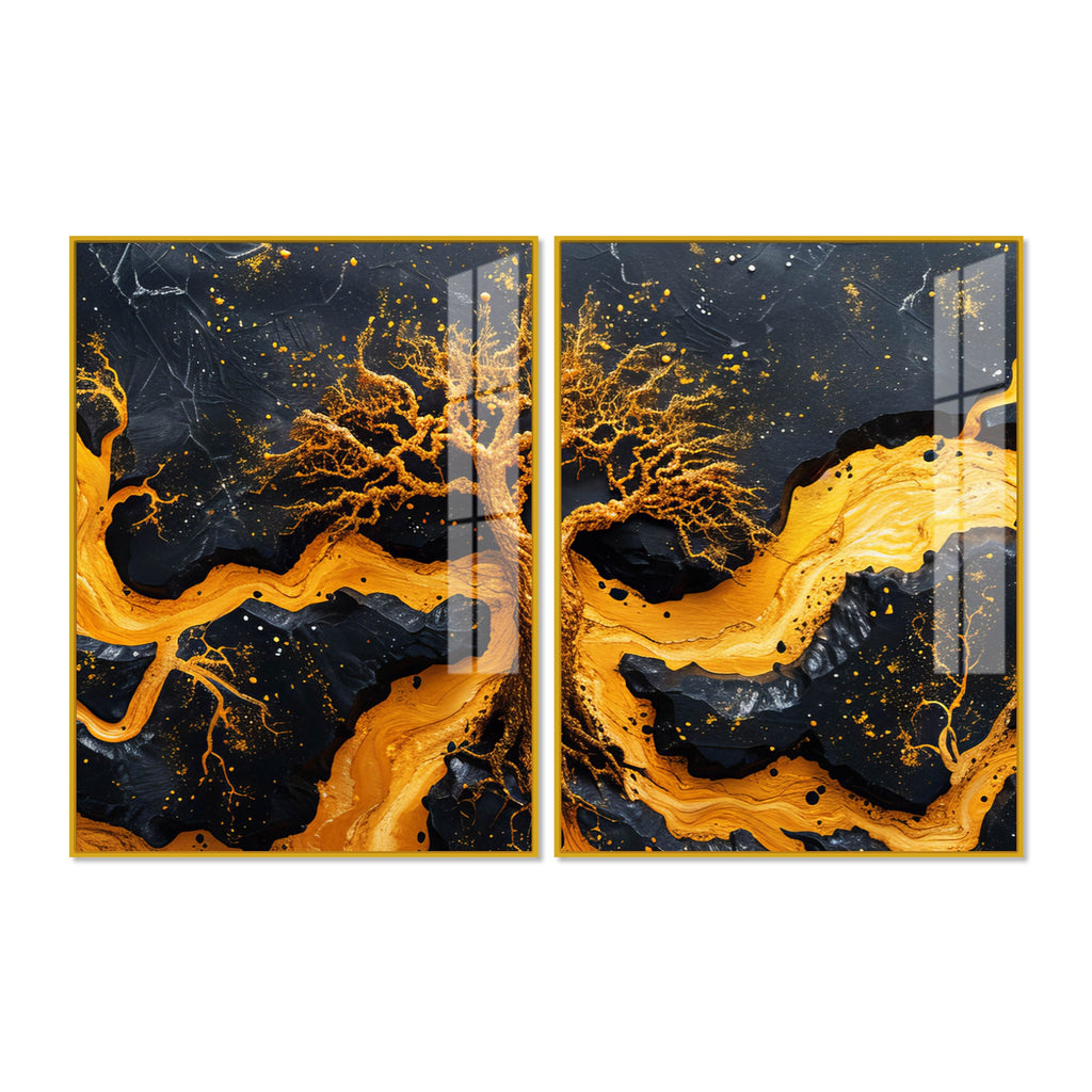 Beautiful Golden Artistic Tree Root Shaped Acrylic Art Floating Wall Painting Set of 2