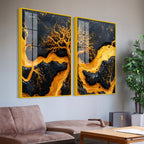 Beautiful Golden Artistic Tree Root Shaped Acrylic Art Floating Wall Painting Set of 2