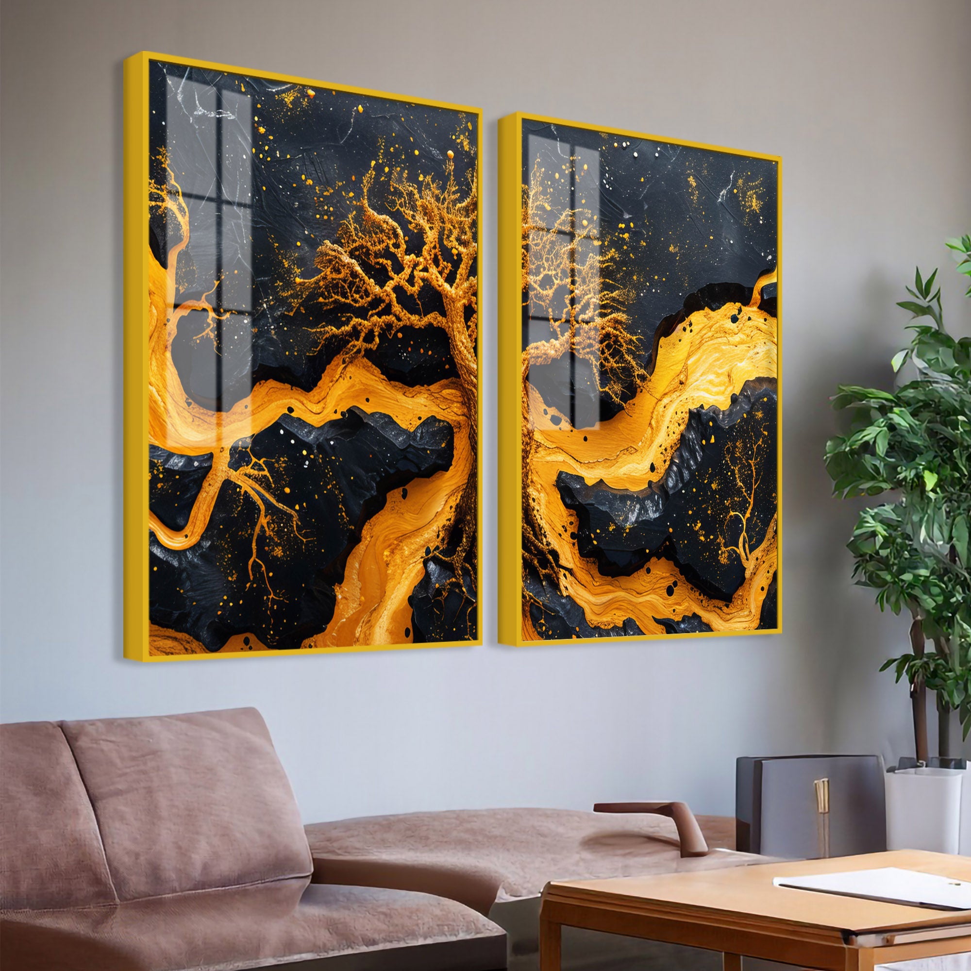 Beautiful Golden Artistic Tree Root Shaped Acrylic Art Floating Wall Painting Set of 2