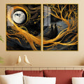 Beautiful Moon Textured Abstract Acrylic Art Floating Wall Painting Set of 2