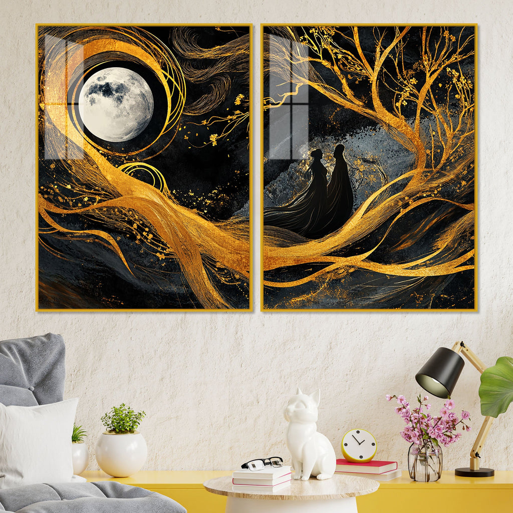 Beautiful Moon Textured Abstract Acrylic Art Floating Wall Painting Set of 2