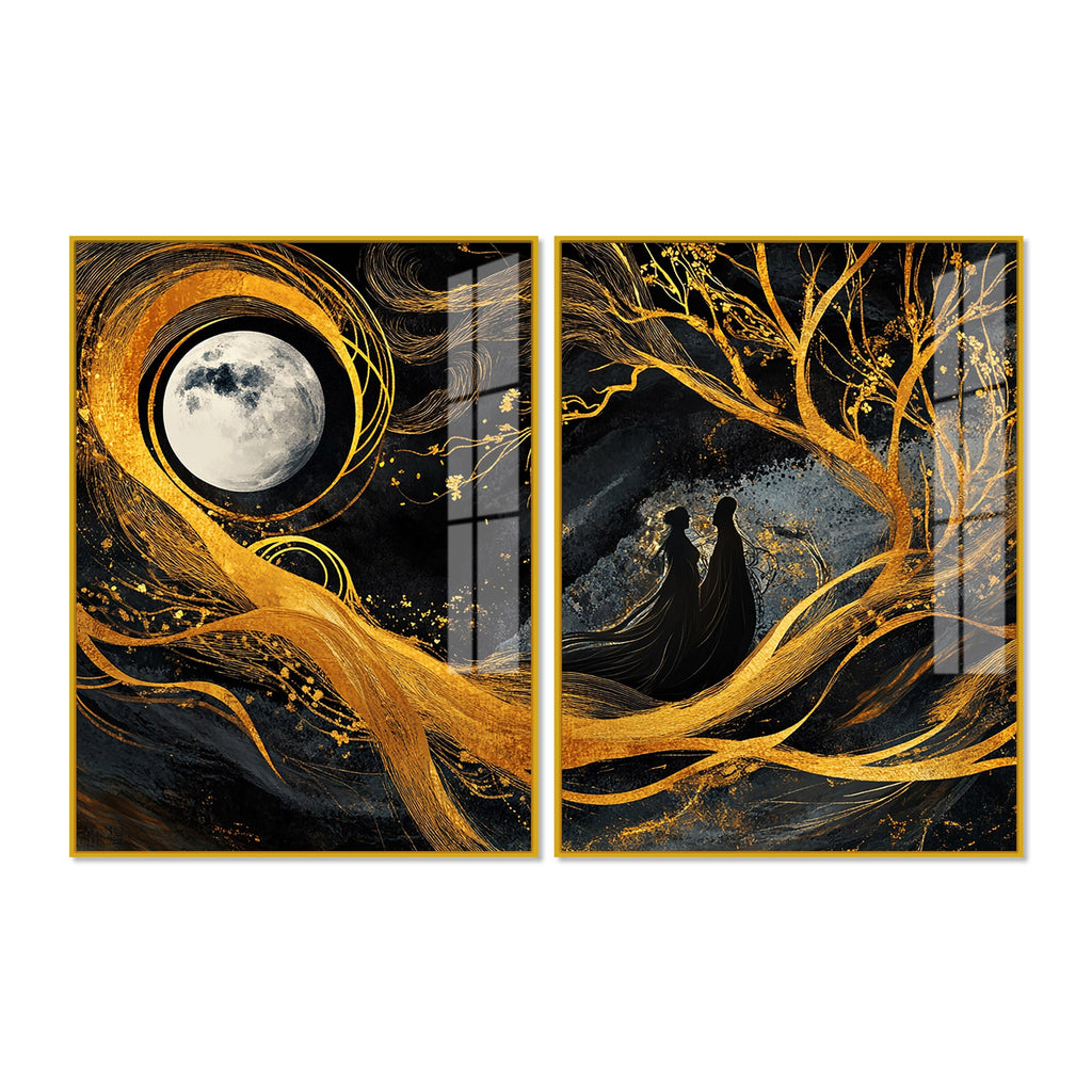 Beautiful Moon Textured Abstract Acrylic Art Floating Wall Painting Set of 2