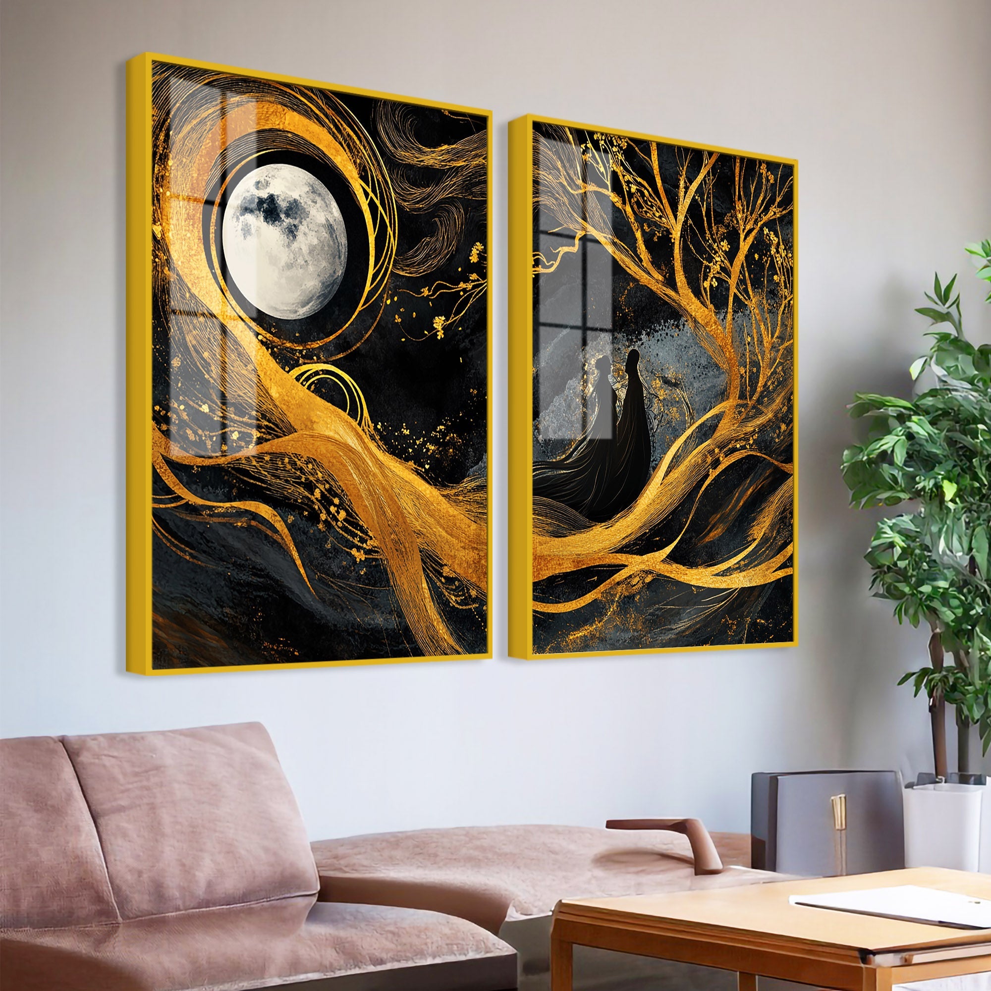 Beautiful Moon Textured Abstract Acrylic Art Floating Wall Painting Set of 2