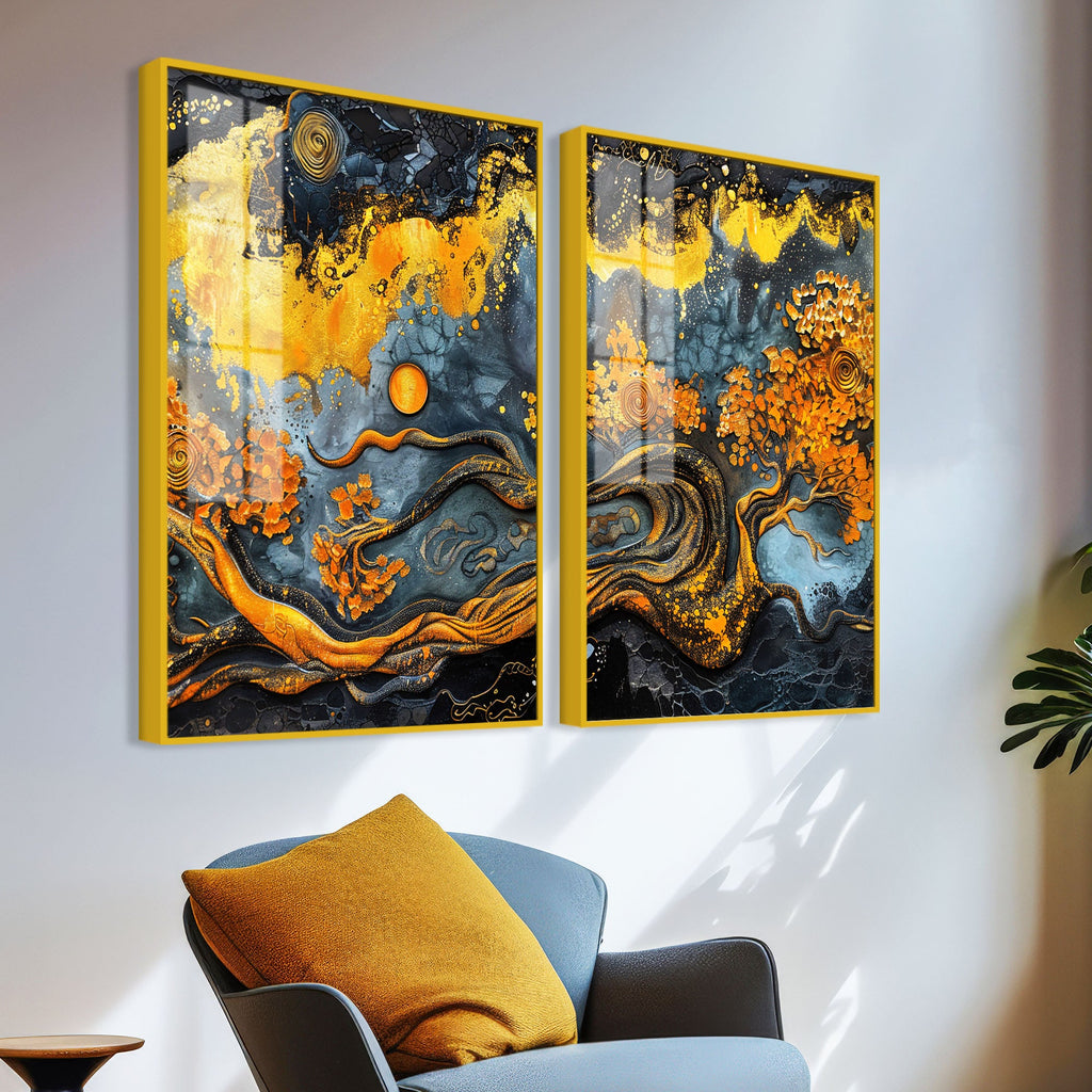 Beautiful Trees Branch Golden Textured Acrylic Art Floating Wall Painting Set of 2