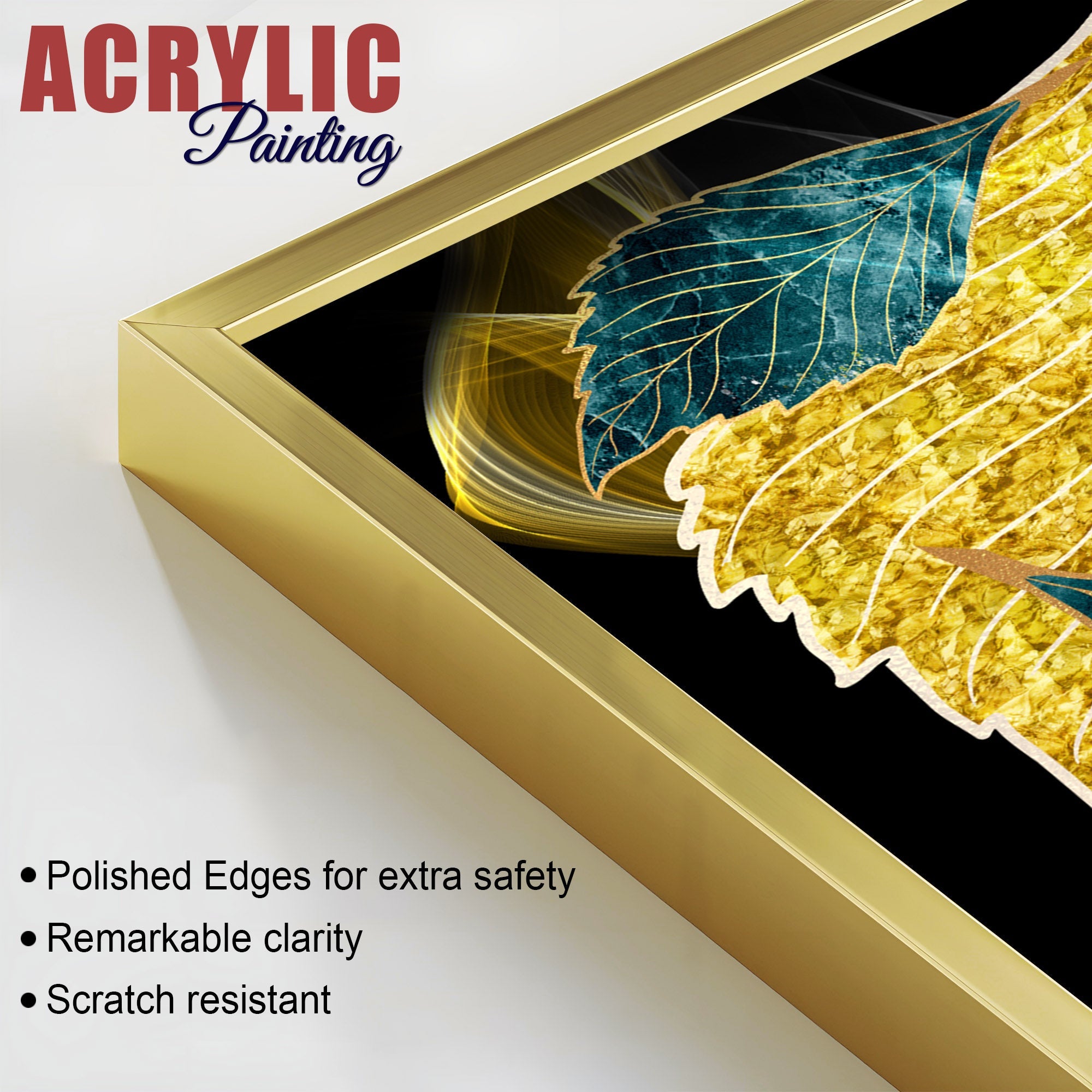 Abstract Golden Leaves Feathers Acrylic Floating Wall Painting Set Of 2