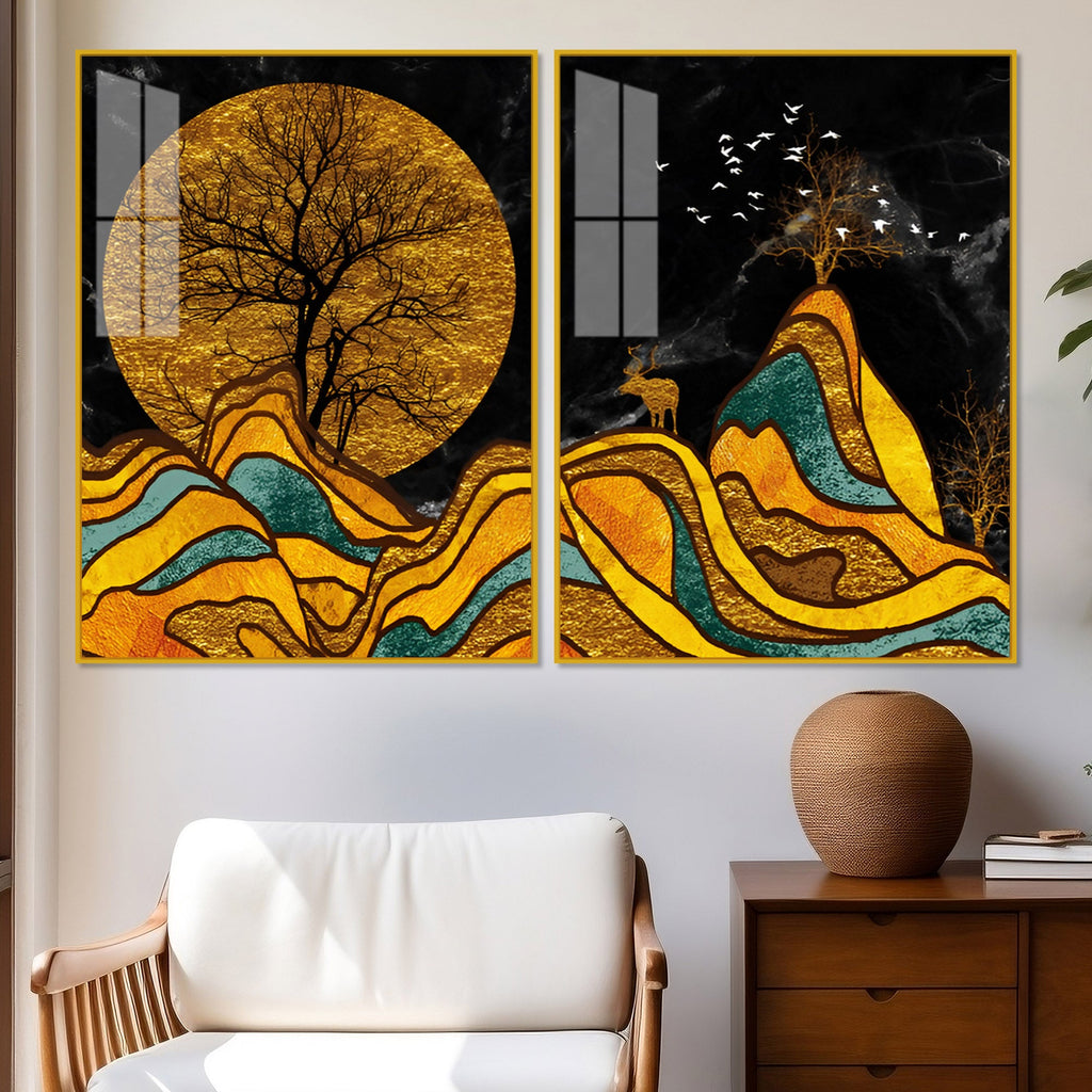 Classic Nature Art with Golden Textured Acrylic Art Floating Wall Painting Set of 2