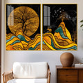Classic Nature Art with Golden Textured Acrylic Art Floating Wall Painting Set of 2