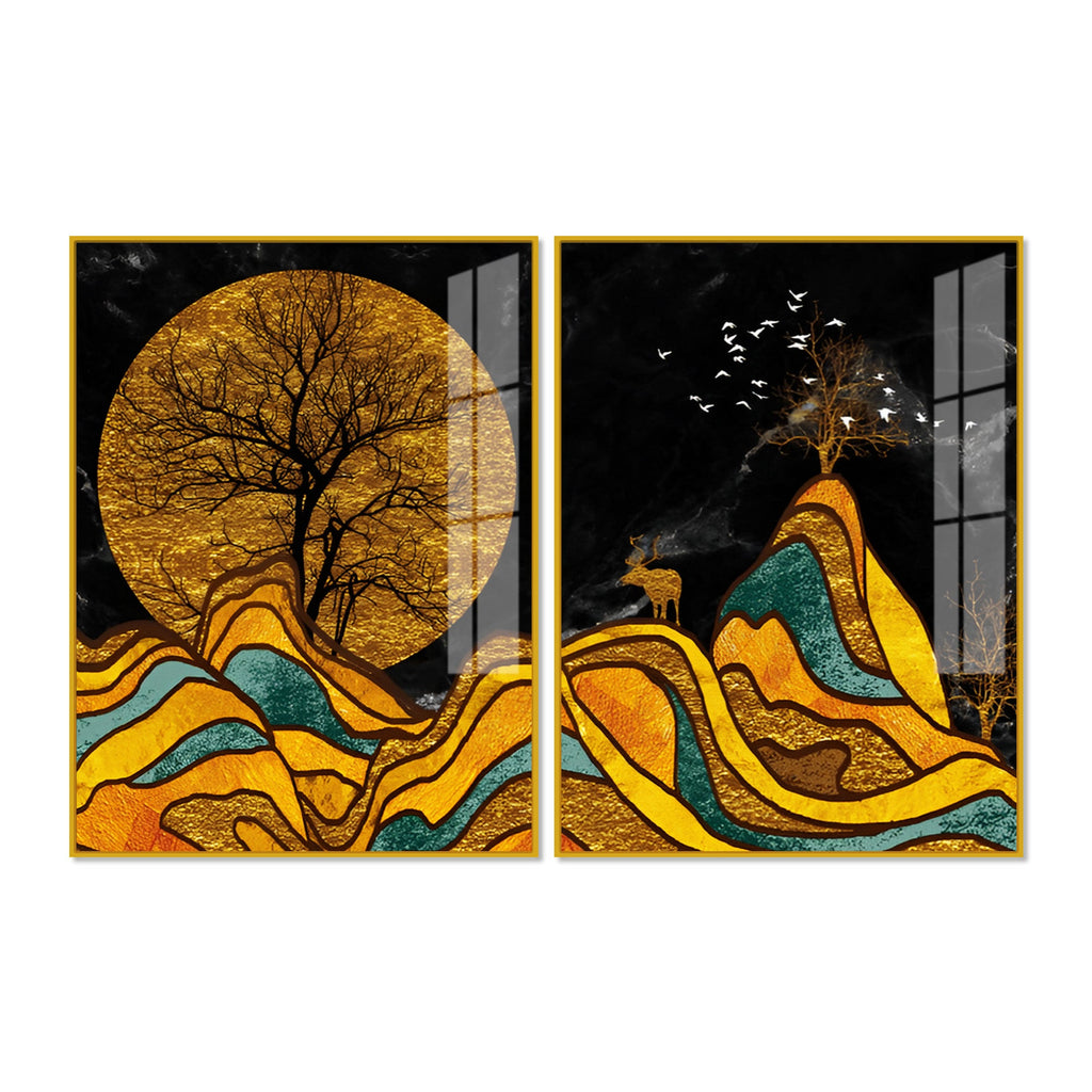 Classic Nature Art with Golden Textured Acrylic Art Floating Wall Painting Set of 2