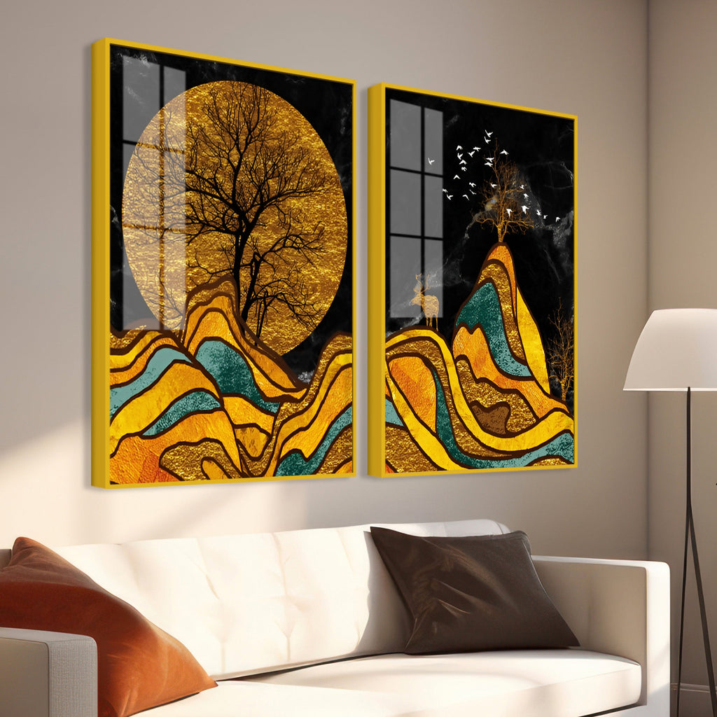 Classic Nature Art with Golden Textured Acrylic Art Floating Wall Painting Set of 2