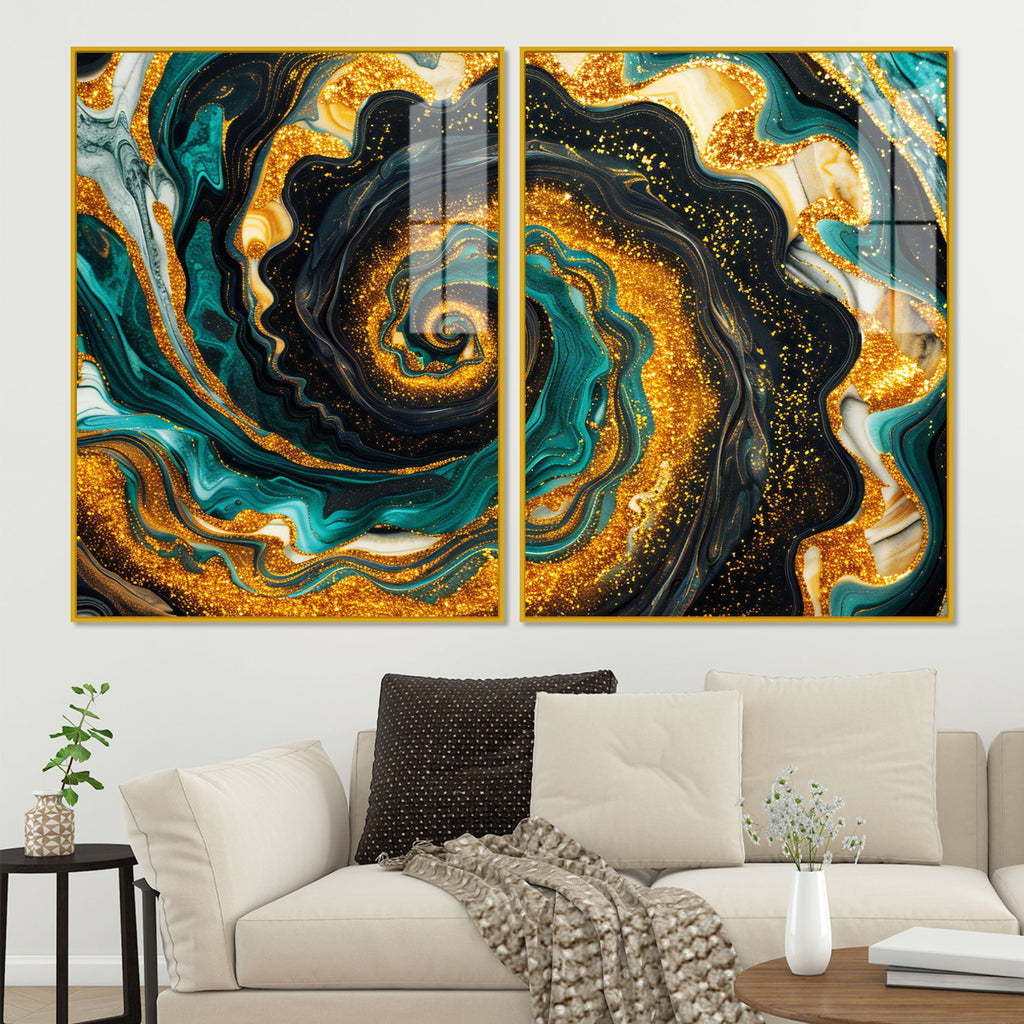 Premium Golden Crystal Circular Shape Acrylic Art Floating Wall Painting Set of 2