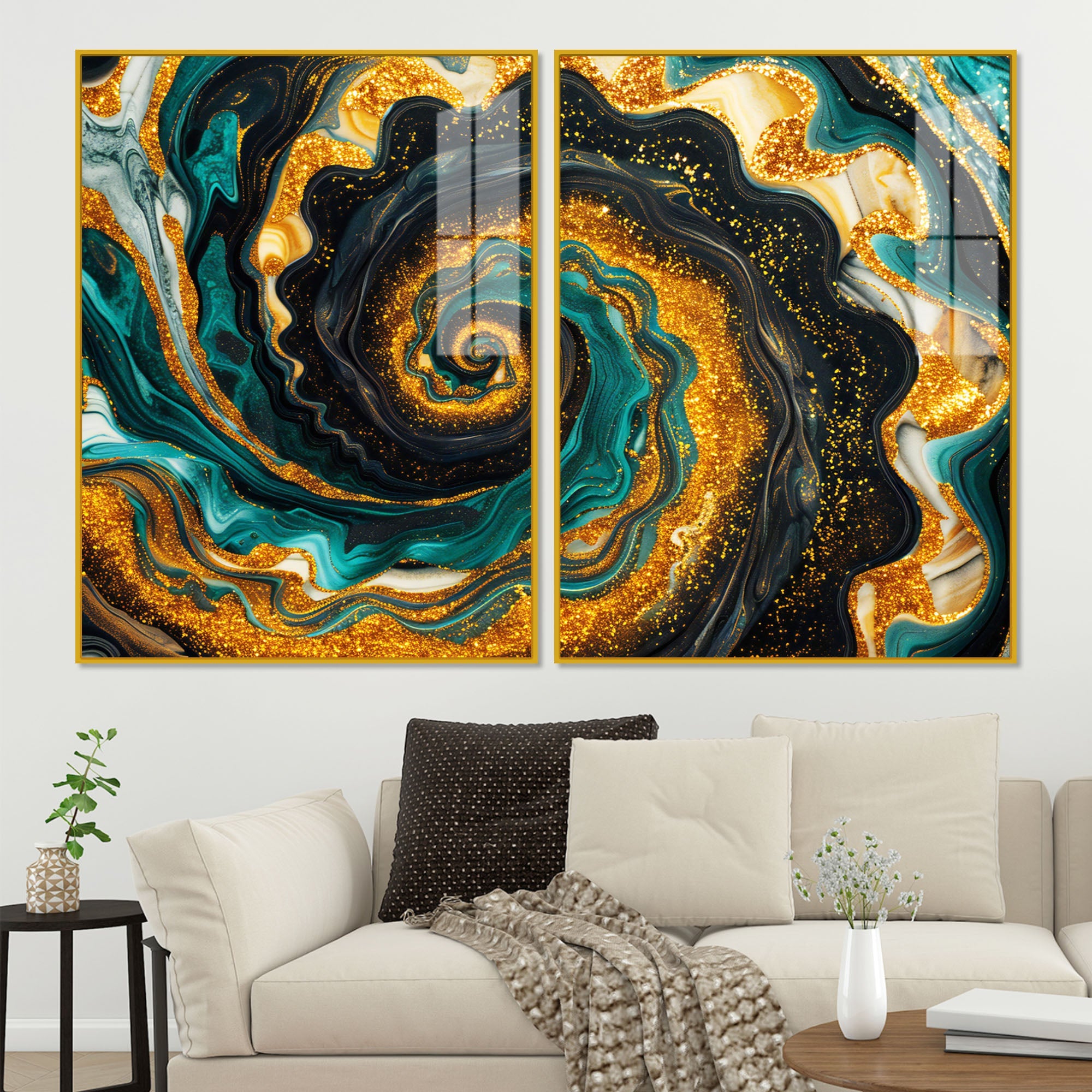 Premium Golden Crystal Circular Shape Acrylic Art Floating Wall Painting Set of 2