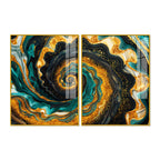 Premium Golden Crystal Circular Shape Acrylic Art Floating Wall Painting Set of 2
