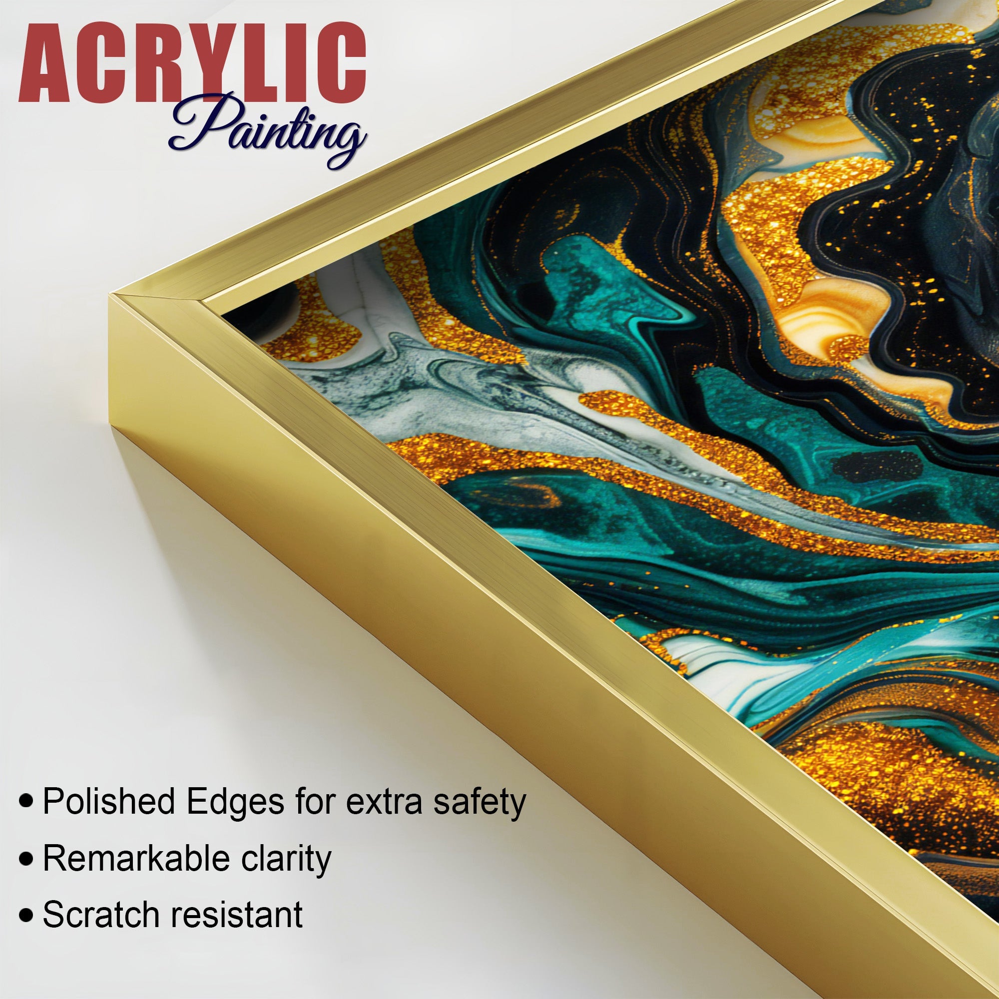 Premium Golden Crystal Circular Shape Acrylic Art Floating Wall Painting Set of 2