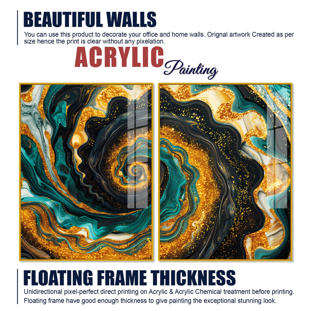 Premium Golden Crystal Circular Shape Acrylic Art Floating Wall Painting Set of 2