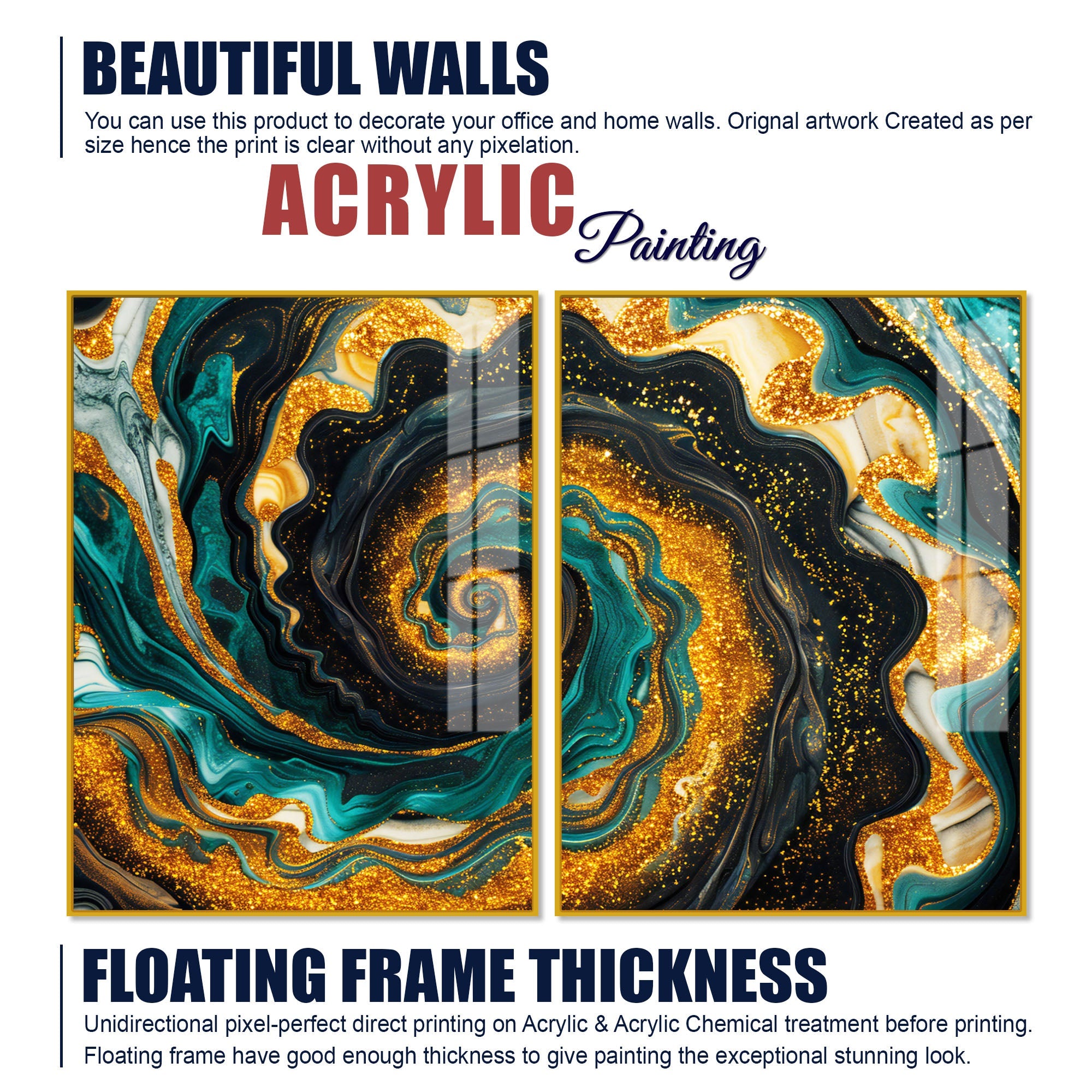 Premium Golden Crystal Circular Shape Acrylic Art Floating Wall Painting Set of 2