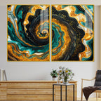 Premium Golden Crystal Circular Shape Acrylic Art Floating Wall Painting Set of 2