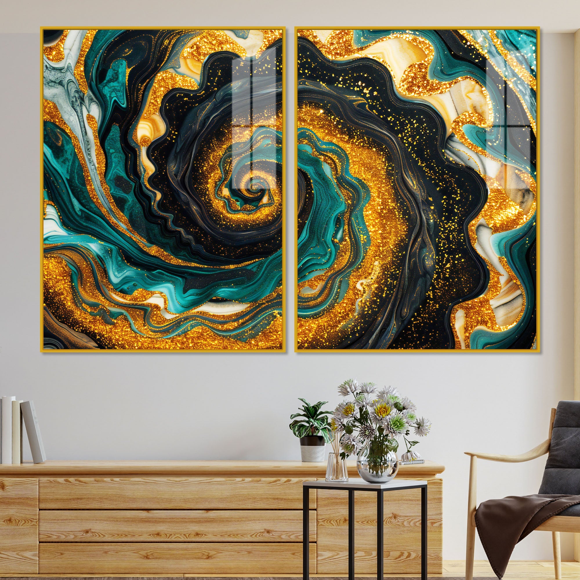 Premium Golden Crystal Circular Shape Acrylic Art Floating Wall Painting Set of 2