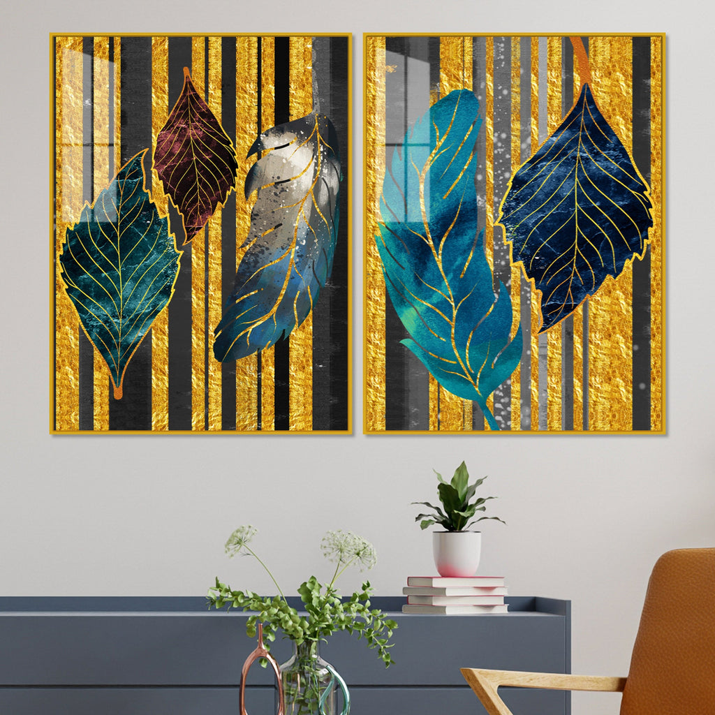 Colorful Feathers Premium Acrylic Art Floating Wall Painting Set of 2